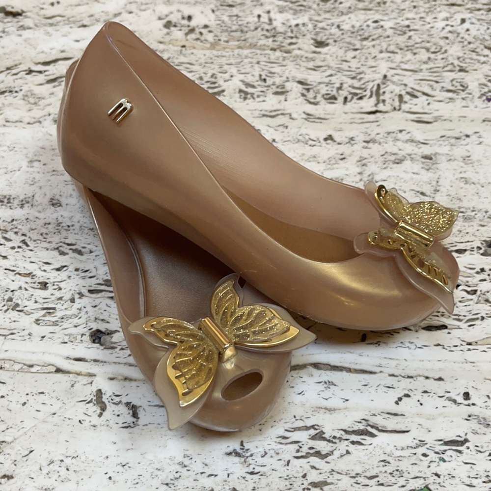 Mini Melissa gold butterfly ballet flats sz 13 worn twice holiday shoe